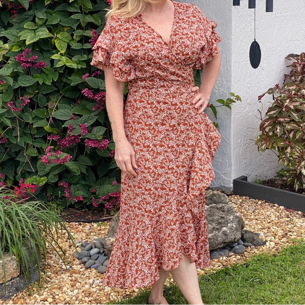 Rust Floral Wrap Midi Dress  large Max Studio